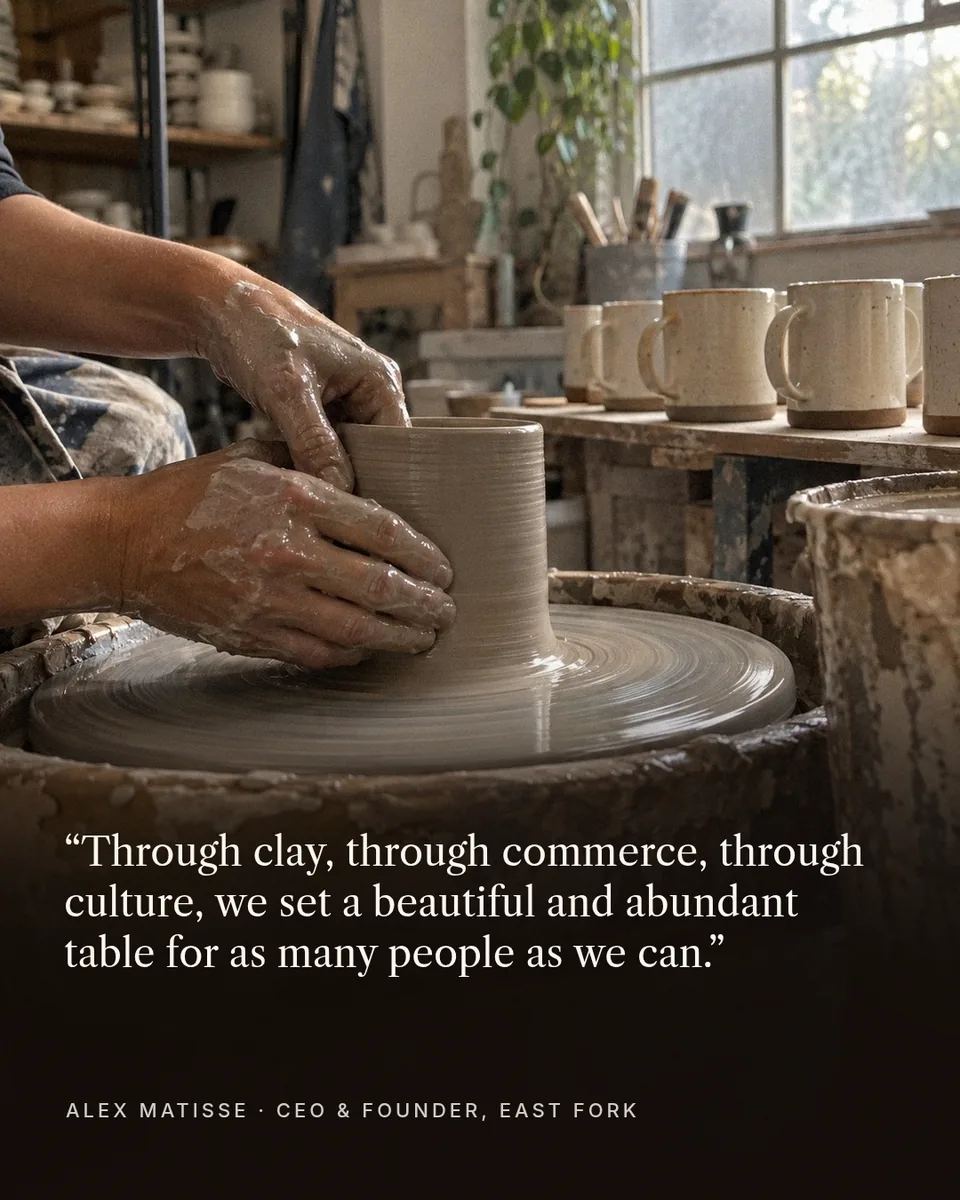 Static ad design featuring East Fork pottery studio with glazed mugs