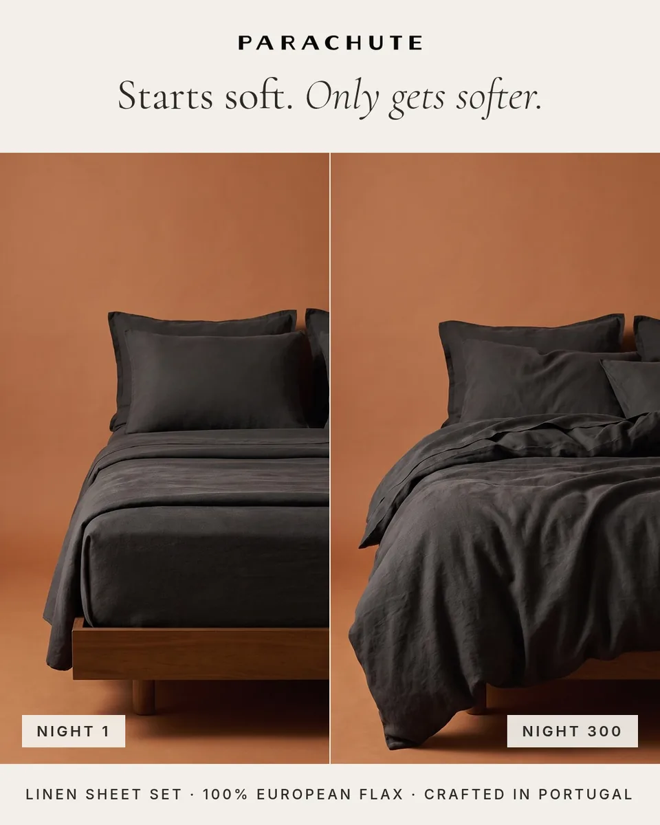 Static ad design featuring Parachute linen sheet set