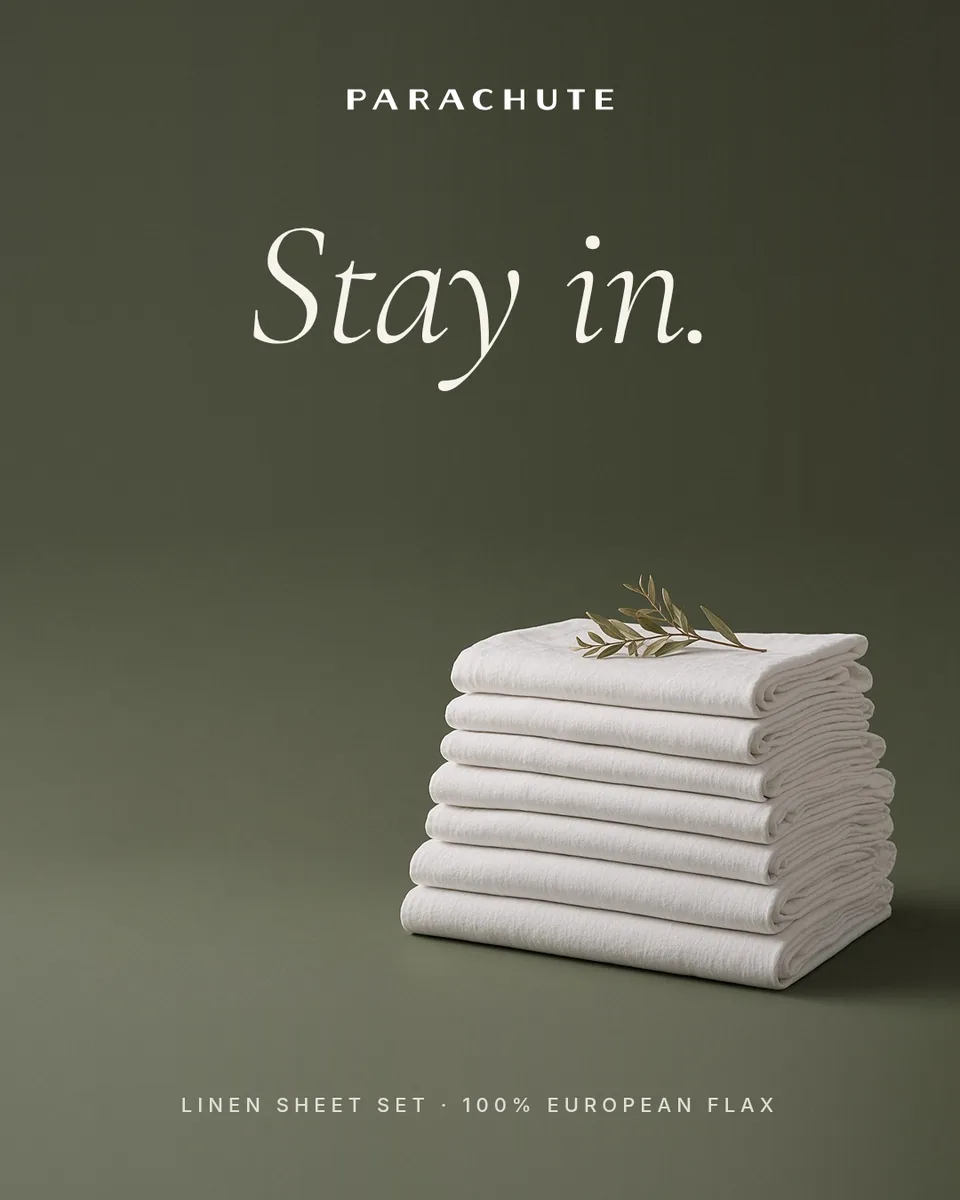 Static ad design featuring Parachute linen bedding