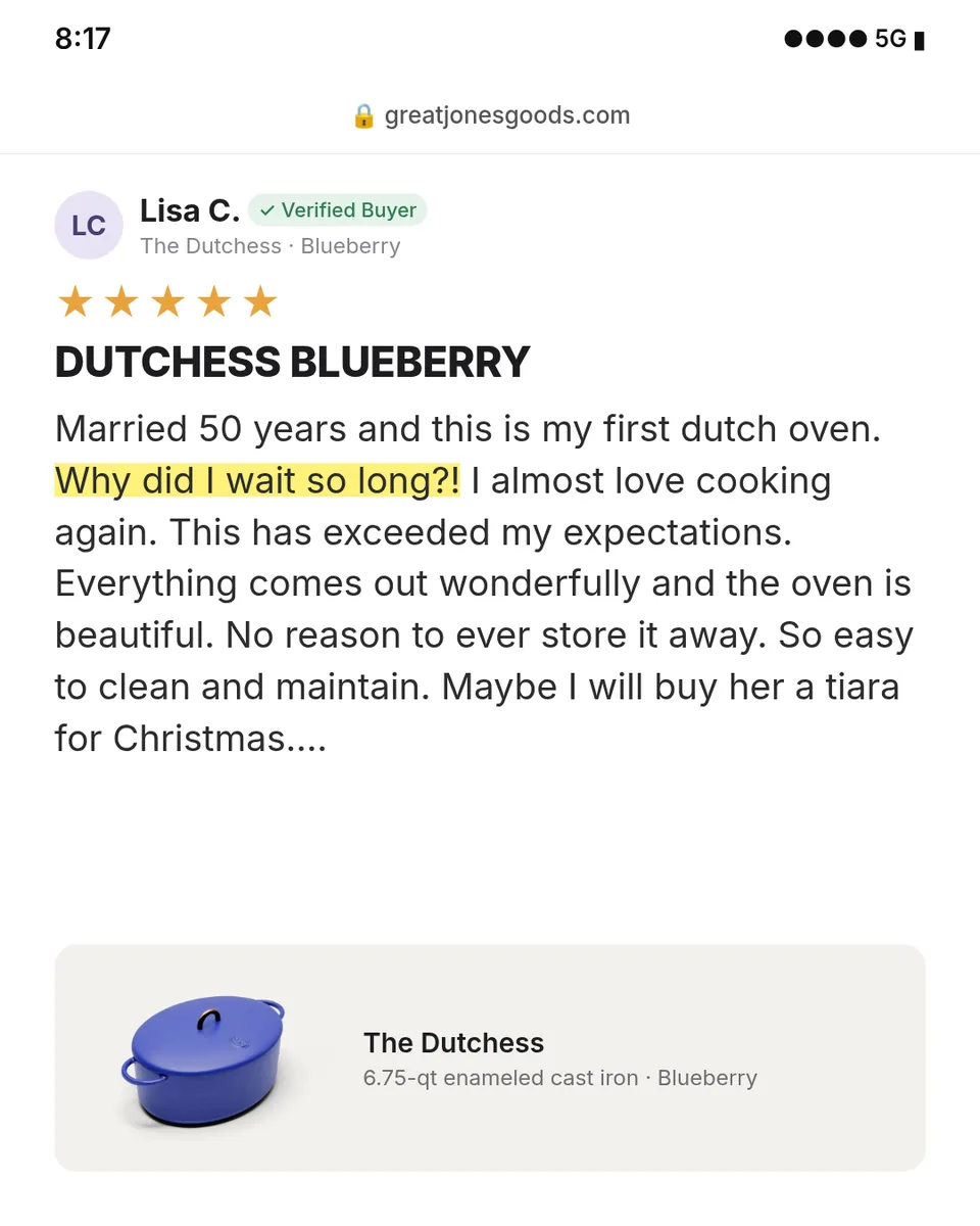 Static ad design featuring Great Jones Dutchess review