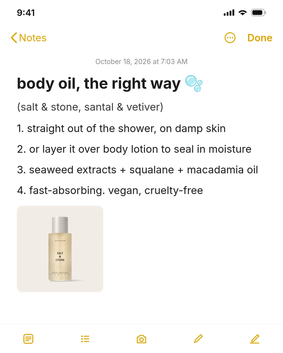 Static ad design featuring Salt & Stone Body Oil notes