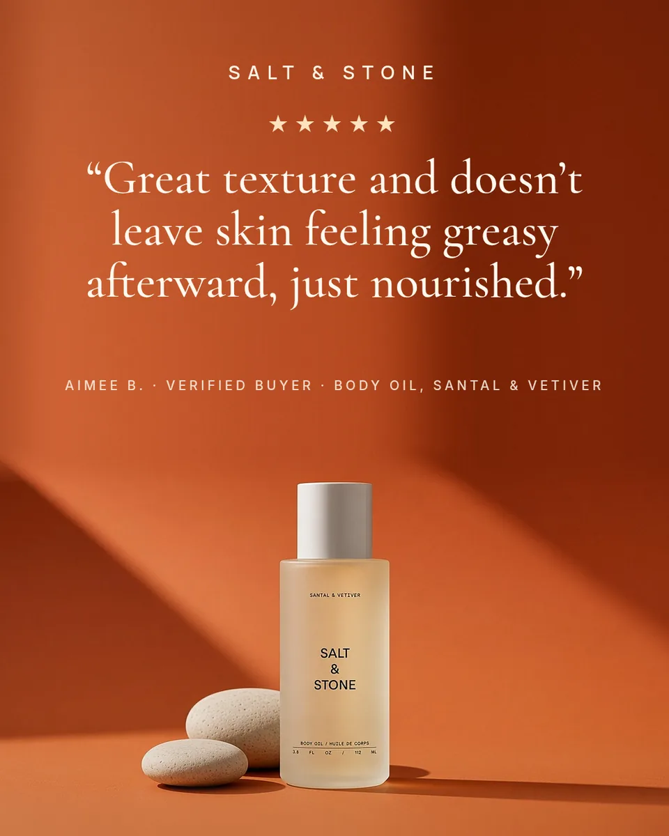 Static ad design featuring Salt & Stone Body Oil review