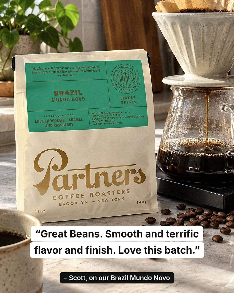 Static ad design featuring Partners Coffee Brazil Mundo Novo coffee