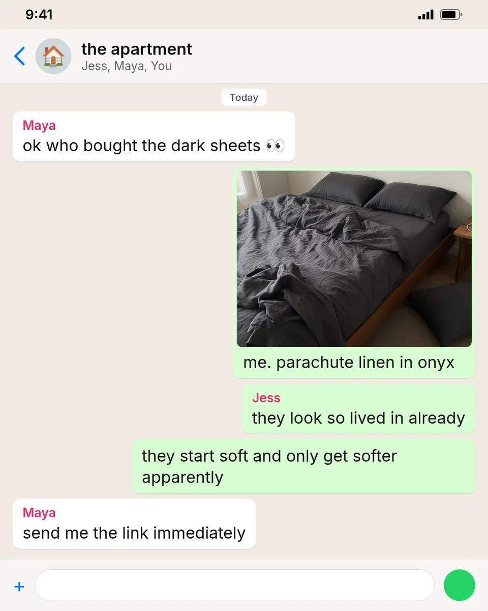 Static ad design featuring Parachute linen bed in a group chat