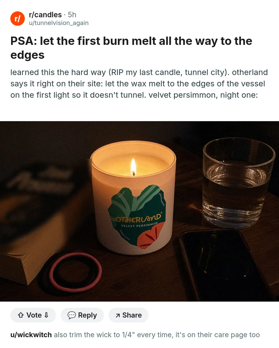 Static ad design featuring Otherland Velvet Persimmon candle forum post