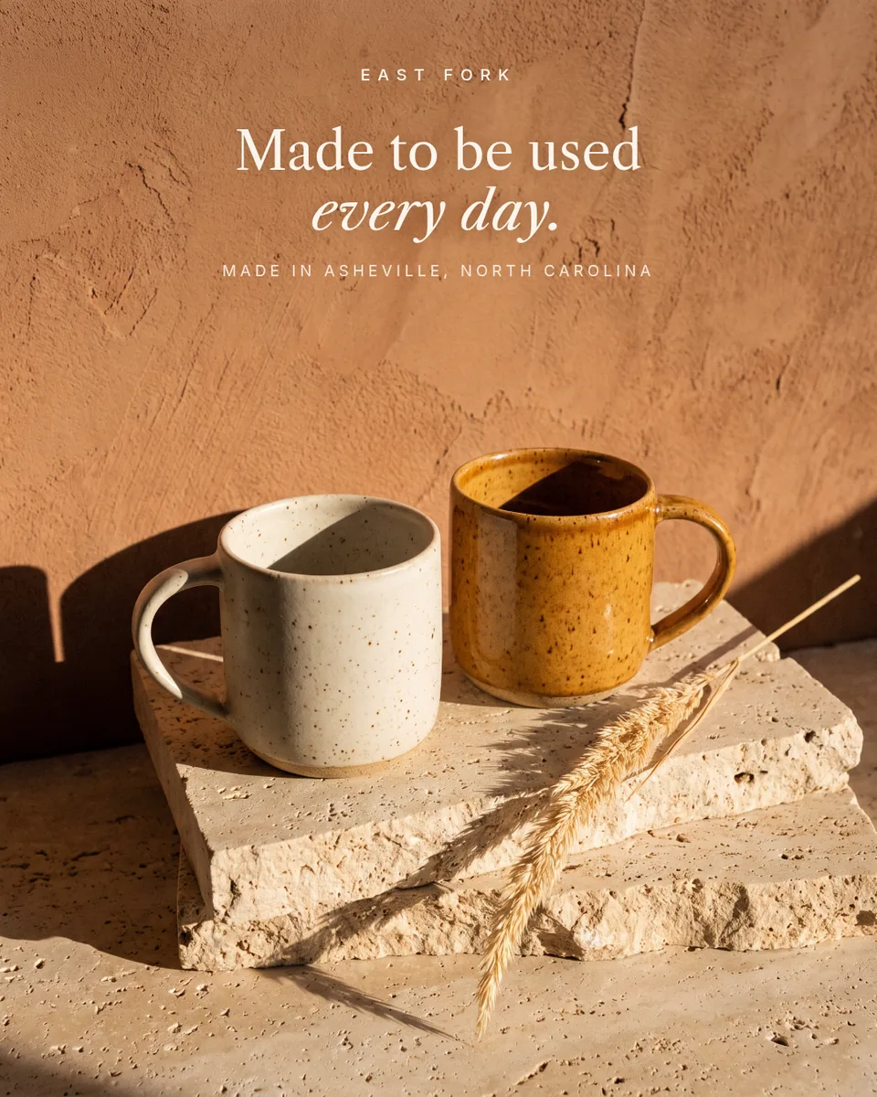 Static ad design featuring East Fork two speckled mugs on travertine