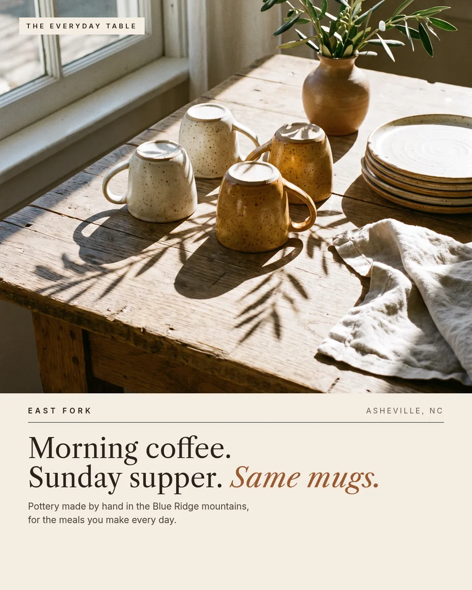 Static ad design featuring East Fork mugs and plates on a sunlit wooden table