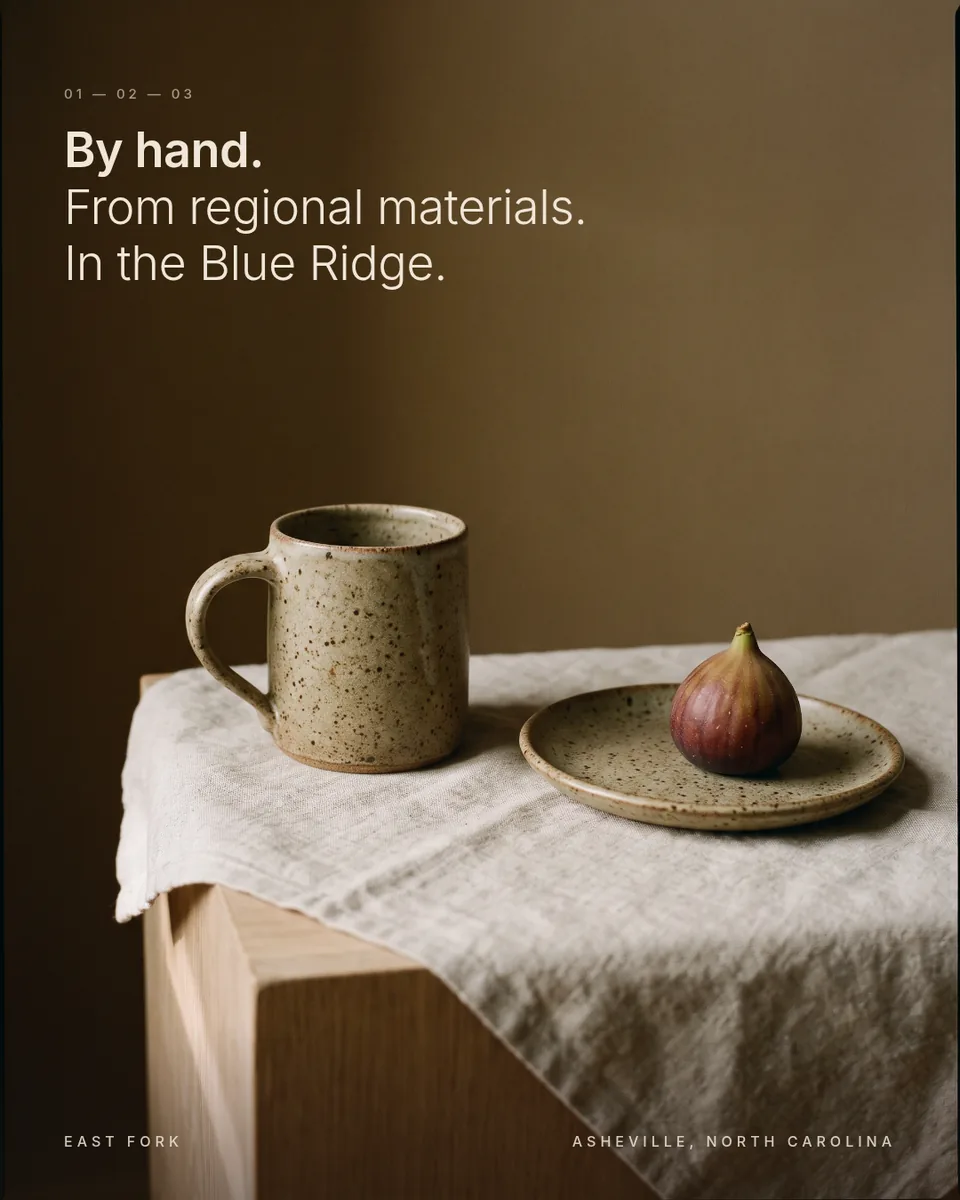 Static ad design featuring East Fork a single speckled mug with a fig on a dark plinth