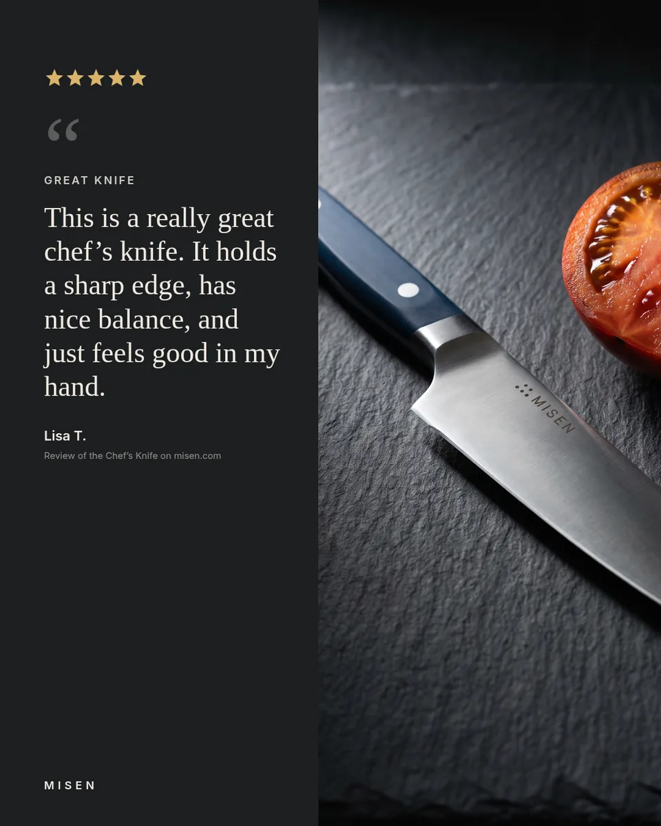 Static ad design featuring Misen Chef’s Knife review on dark slate
