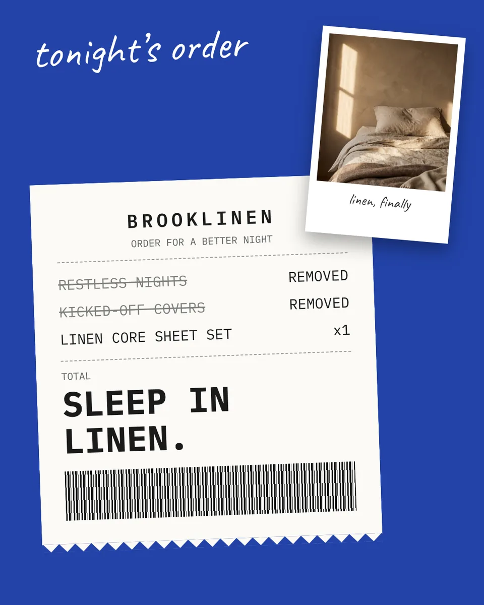 Static ad design featuring Brooklinen Linen Core Sheet Set receipt