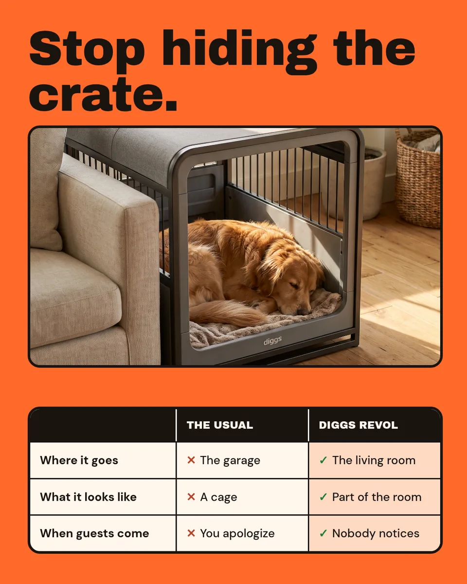 Static ad design featuring Diggs Revol dog crate comparison table