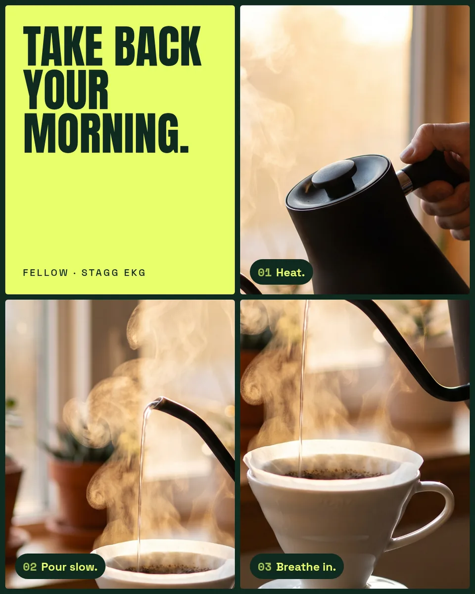 Static ad design featuring Fellow Stagg EKG kettle pour-over storyboard