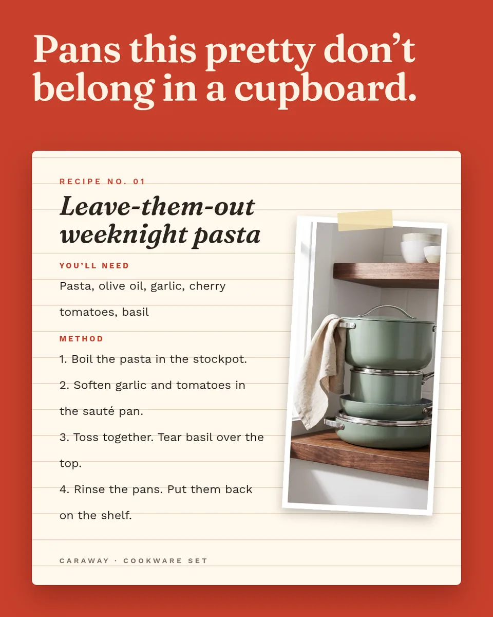 Static ad design featuring Caraway cookware set recipe card