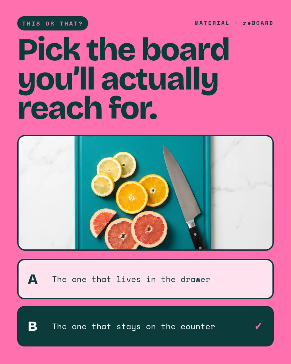 Static ad design featuring Material Kitchen reBoard cutting board this-or-that quiz