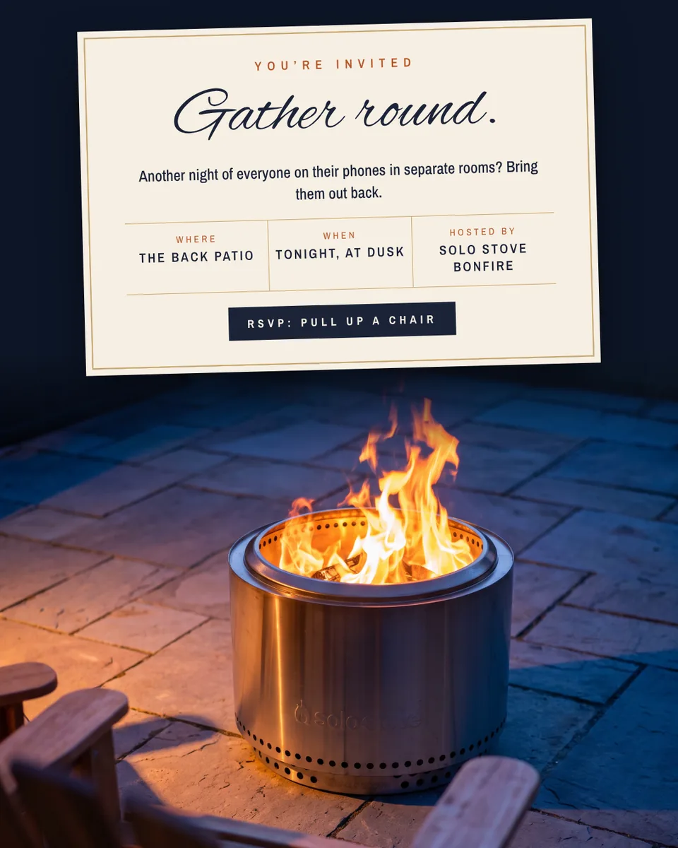 Static ad design featuring Solo Stove Bonfire fire pit party invitation
