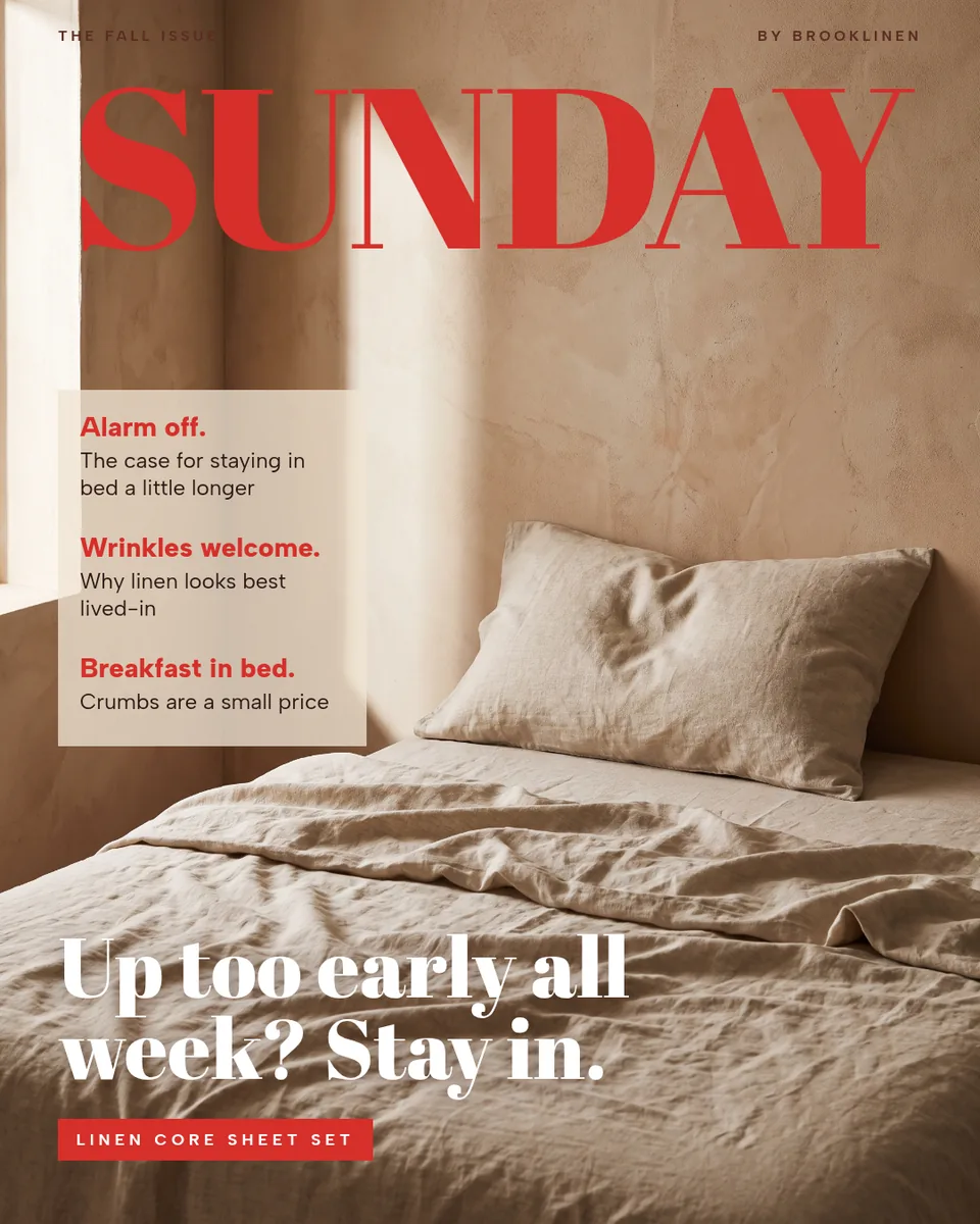 Static ad design featuring Brooklinen linen bedding magazine-style cover