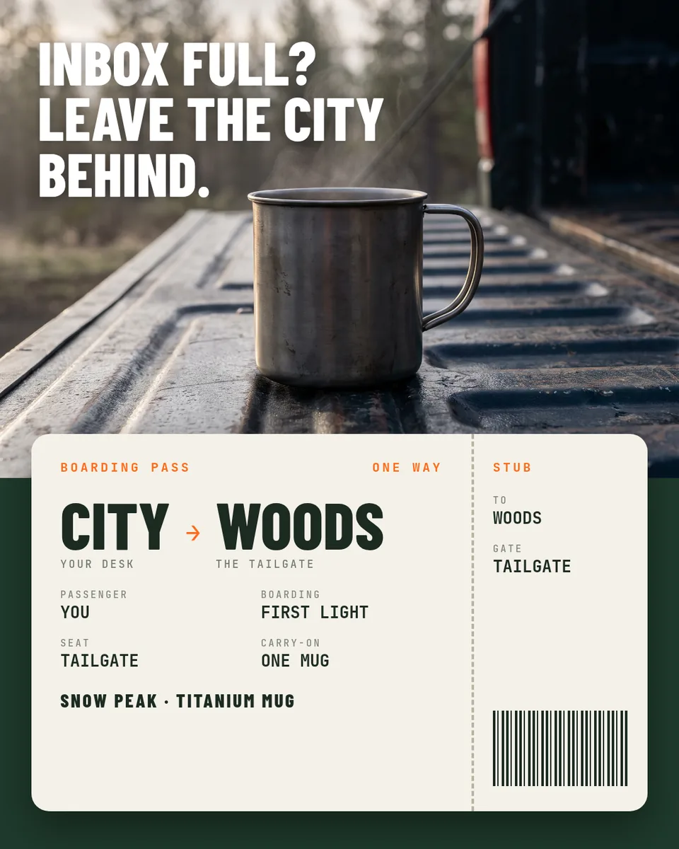 Static ad design featuring Snow Peak titanium mug boarding pass