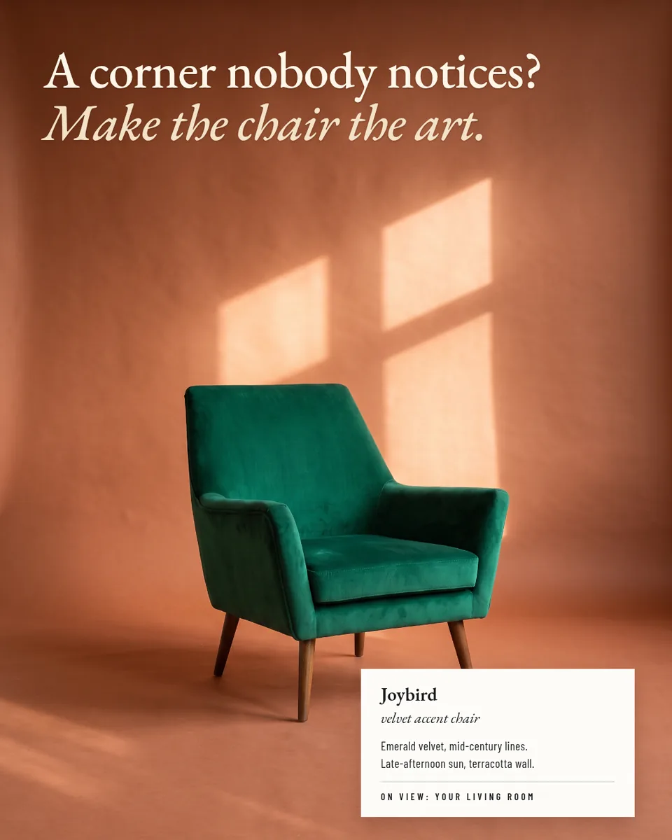 Static ad design featuring Joybird emerald velvet accent chair gallery placard