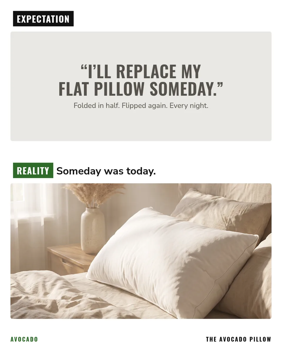 Static ad design featuring Avocado pillow expectation vs reality meme