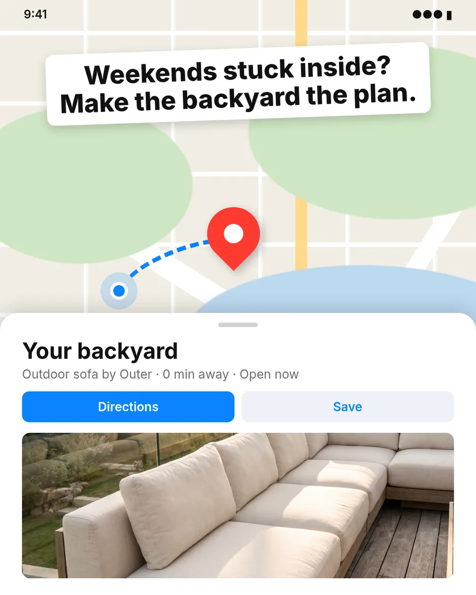 Static ad design featuring Outer outdoor sofa map screenshot
