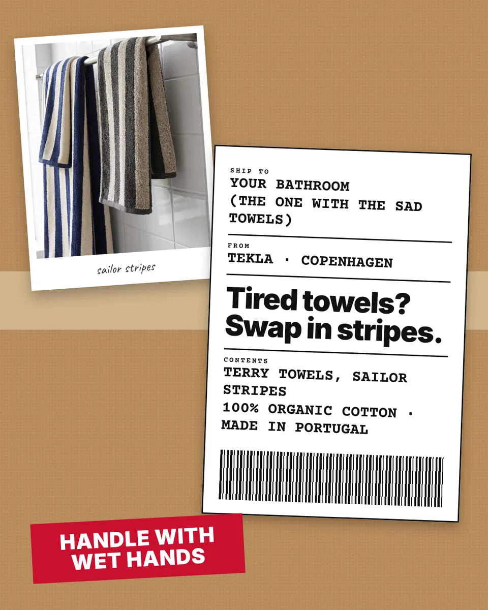 Static ad design featuring Tekla striped terry towels shipping label