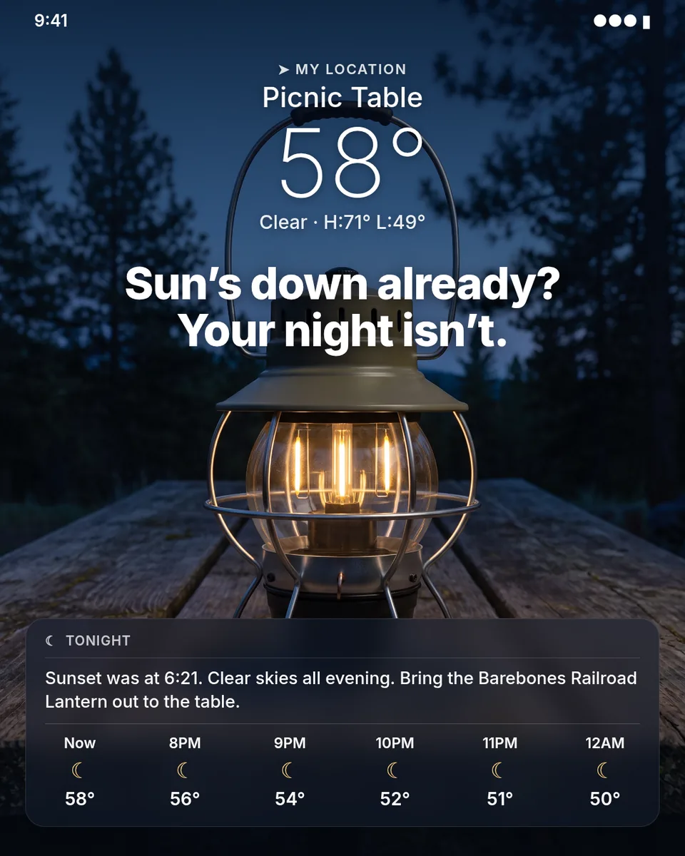 Static ad design featuring Barebones Railroad Lantern weather app screenshot
