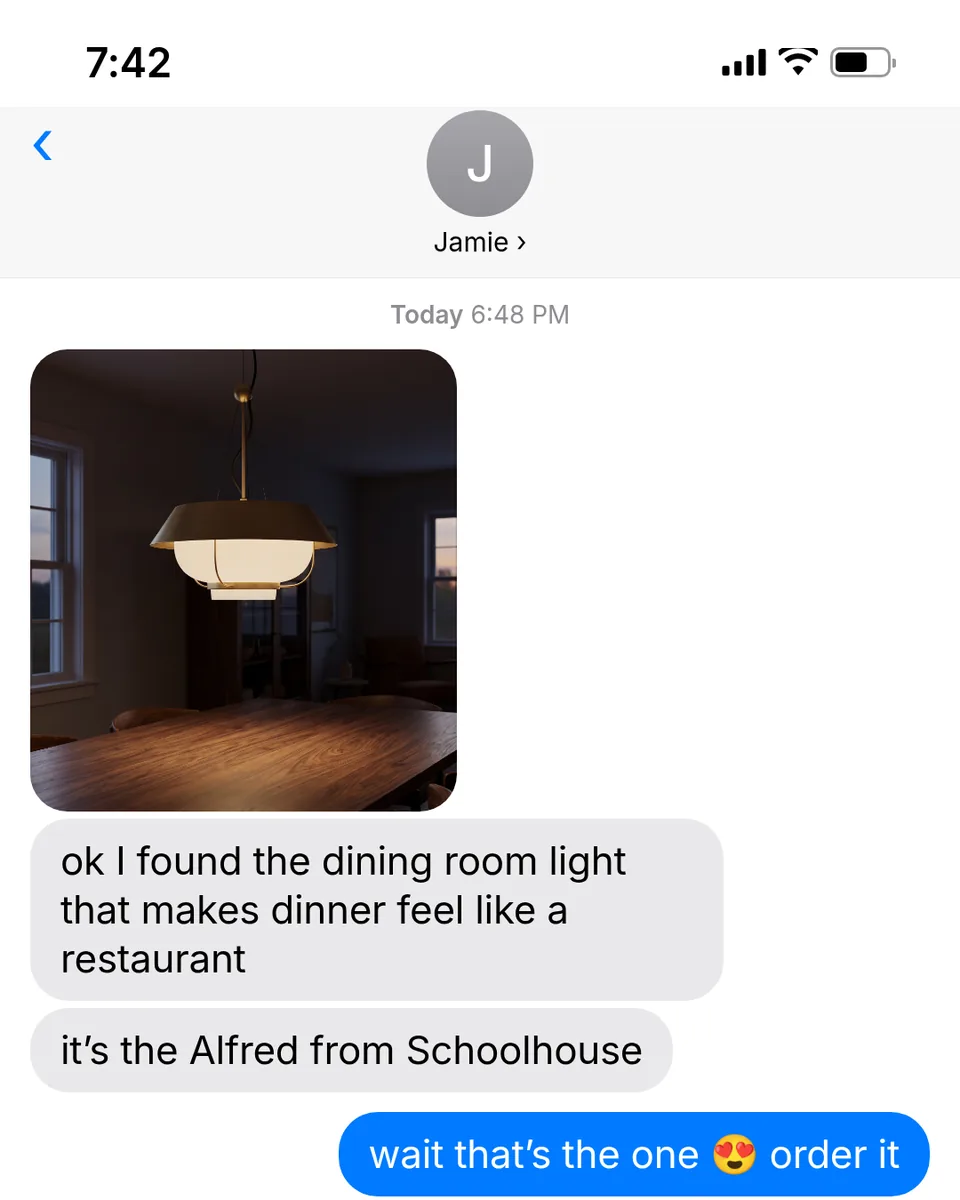 Static ad design featuring Schoolhouse dining room pendant light text message