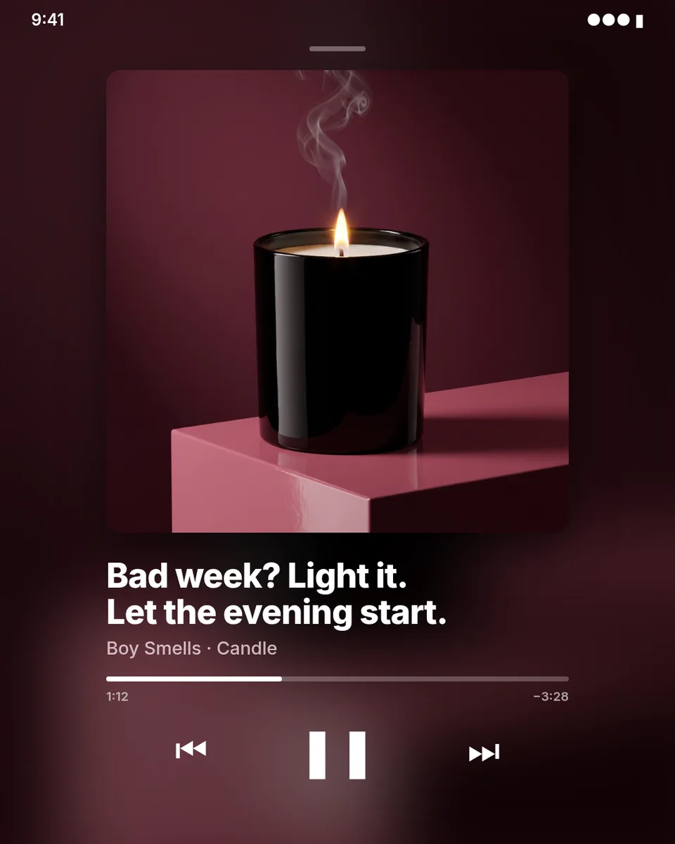 Static ad design featuring Boy Smells candle now-playing screen