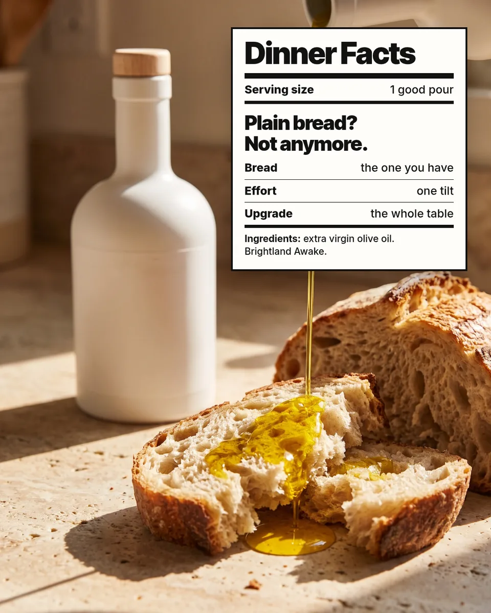 Static ad design featuring Brightland olive oil dinner facts label