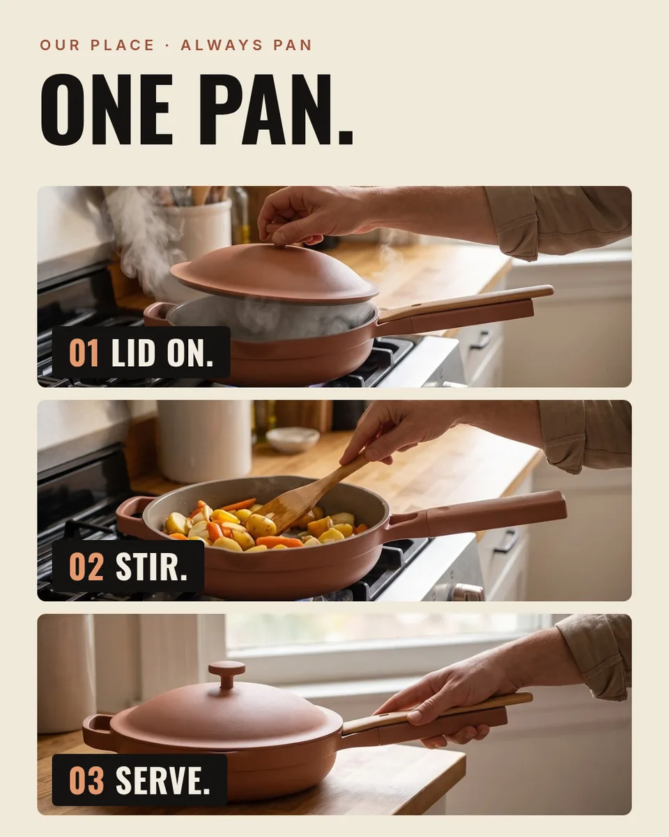 Static ad design featuring Our Place Always Pan three-step cooking layout
