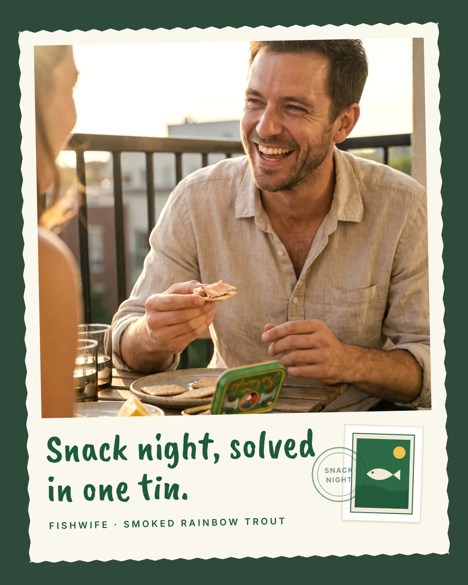 Static ad design featuring Fishwife tinned fish postcard