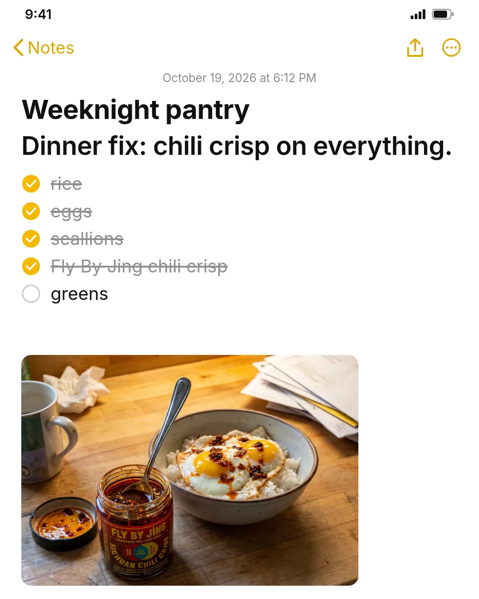 Static ad design featuring Fly By Jing chili crisp pantry list note