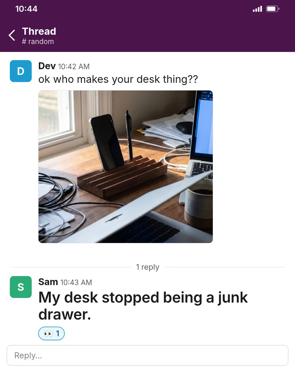 Static ad design featuring Ugmonk walnut desk tray coworker message