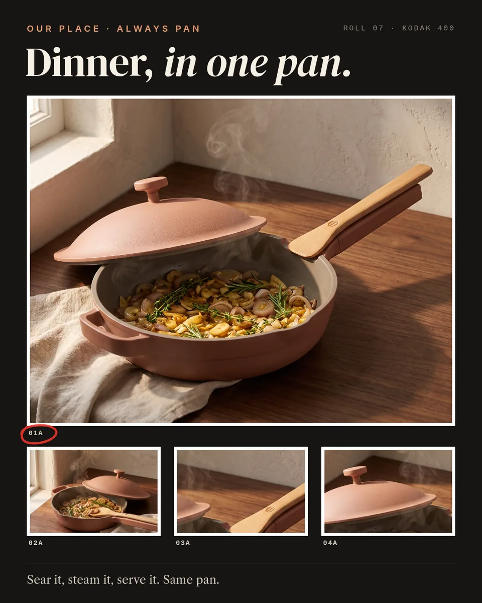 Static ad design featuring Our Place Always Pan photo shoot contact sheet