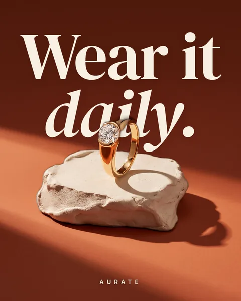 Static ad design featuring AUrate diamond ring on a plaster plinth
