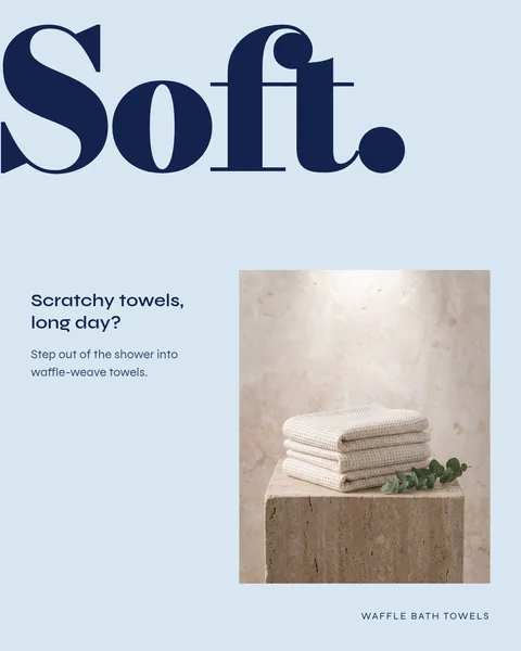 Static ad sample: one-word headline with folded waffle towels